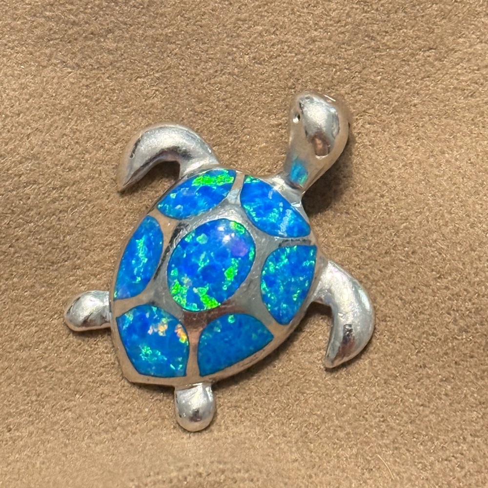 Silver Turtle Pendant with Blue and Green Inlay